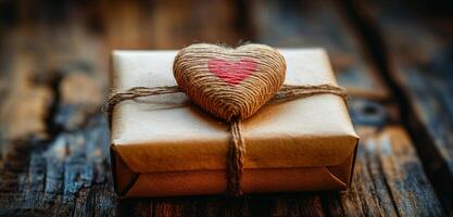 Heart-shaped box on wood table. A neatly wrapped gift with twine and a heart ornament rests on a weathered wooden surface, symbolizing affection. photo