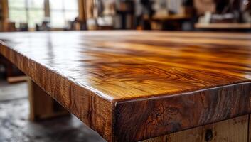 Handcrafted wooden table. Skilled artisans shape and finish a stunning wooden table in a bright workshop filled with tools and materials. photo