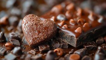Chocolate heart and bar set. Close-up of a heart-shaped chocolate and bar, surrounded by assorted chocolate pieces, showcasing indulgence. photo
