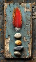 Feathers and stones on wood. A red feather lies on weathered wood, surrounded by smooth stones in different shades. photo