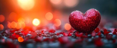 Sparkling red heart on a bed of hearts. A glossy red heart sparkles amidst scattered small hearts and soft light, creating a festive and romantic atmosphere. photo