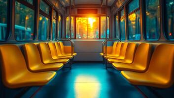 Empty bus interior illuminated by sunset. Sunlight pours through the windows of an empty bus, casting warm hues on yellow seats during the evening. photo