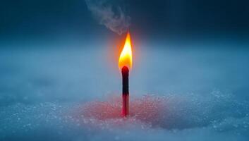 Flame ignited on a matchstick in snow. A matchstick burns steadily, surrounded by soft white snow on a winter evening, creating a warm glow against the cold. photo
