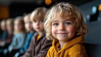 Kids have fun in the theater. Young children sit together, smiling and engaged in a theater, enjoying a captivating performance during the day. photo