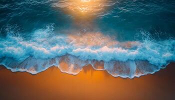 Tranquil sunset on the shore. Golden sunlight sparkles on the waves, creating a serene beach vibe at dusk. photo