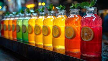 Vibrant drinks at a market stand. Colorful drinks in glass bottles, garnished with lemon slices, are artfully displayed in a busy market. photo