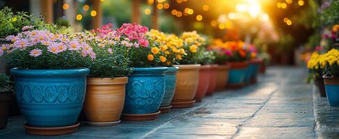 Vibrant pots on sunset path. Colorful flower pots line a walkway as the sun sets, casting a warm glow over the blooming plants and surroundings. photo