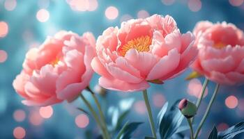 Peonies blooming in soft pastel colors. Pink peonies bloom against a soft, blurred backdrop, creating a serene, light-filled atmosphere. photo