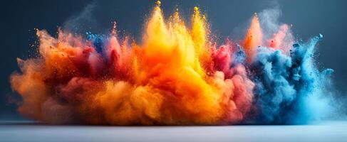 Vibrant explosion of colors in motion. A burst of color powder creates a dynamic and energetic cloud against a neutral backdrop. photo