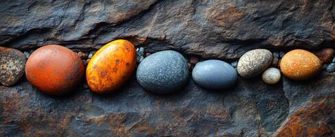 Colorful stones on rocks. A variety of colorful stones are arranged in a line, resting on a textured dark rock surface in natural light. photo
