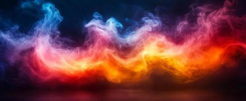 Artistic colorful smoke swirls. Vibrant smoke in red, blue, and yellow hues creates a dynamic abstract display in a dark setting. photo