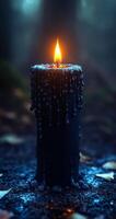 Candle burns softly in a dark forest. A solitary candle casts warm light in a dim forest, with wax dripping down its side amidst fallen leaves and shadows. photo