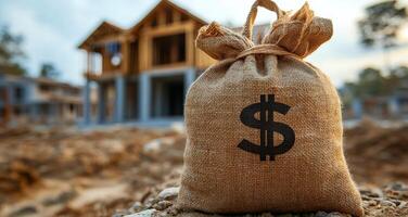 Cash near new building site. A burlap money bag sits on a construction site, highlighting financial investment in building projects. photo