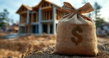 Money bag at construction site. A burlap bag with a dollar sign is on the dirt by a construction site with a partial structure behind it. photo