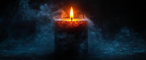 Candle glowing in dark with soft smoke. A round candle emits a warm flame, surrounded by gentle wisps of smoke in a dark environment. photo