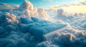 Dreamy bed floating among fluffy clouds. A serene bed with soft linens drifts gently among fluffy clouds under a colorful sky at sunrise. photo