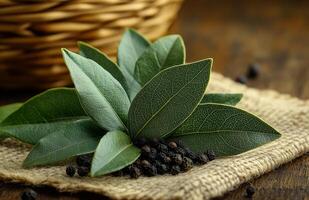 Bay leaves and pepper on burlap. Fresh bay leaves arranged on a burlap cloth with black pepper scattered nearby, creating a rustic culinary display. photo