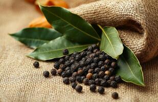 Bay leaves and black pepper. Black pepper and fresh bay leaves rest on burlap, showcasing their natural colors and textures in a culinary setting. photo