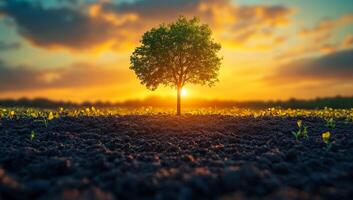 Vibrant sunset behind a solitary tree. A stunning sunset illuminates a lone tree surrounded by budding plants on fertile soil. photo