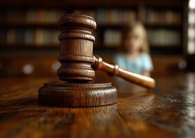 Wooden gavel sitting on courtroom table. A wooden gavel rests on a polished table in a courtroom, with a blurred figure of a child in the background. photo
