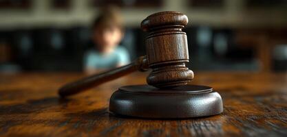 Legal gavel resting on a wooden table. A wooden gavel is prominently placed on a table, suggesting a courtroom setting, with a child blurred in the background. photo