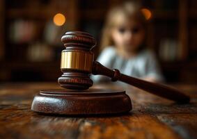 Child observing a gavel in a library. A child sits in the background, observing a wooden gavel resting on a table in a dimly lit library setting. photo