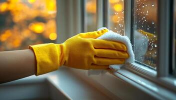 Cleaning window with yellow gloves. A hand wearing yellow gloves wipes a window clean as sunlight filters through, creating a warm atmosphere. photo