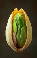 Fresh pistachio nut in its shell. Close-up of a vibrant green pistachio embedded in a textured light brown shell on a dark background. photo