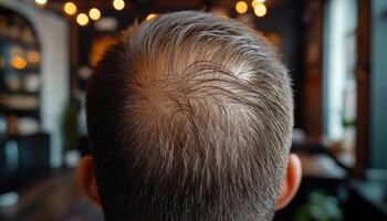 Softly lit balding head. A man sits in a cozy cafe, showcasing a balding patch on his head against a warmly lit backdrop. photo