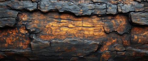 Charred wood with deep cracks. A close-up view of charcoal-colored wood showing deep cracks and burn marks, reflecting the aftermath of a fire. photo