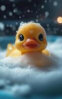 Rubber duck floating in bubble bath. A cheerful yellow rubber duck floats peacefully in a bubble-filled bath, creating a whimsical atmosphere. photo