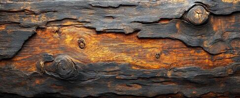 Natural wood texture with rustic appeal. Close-up view of weathered wood displaying deep grooves, rustic charm, and rich earthy colors creating a unique pattern. photo
