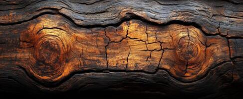 Detailed close-up of textured wood grain. The surface of an ancient piece of wood displays rich textures, deep cracks, and intricate patterns of aging. photo