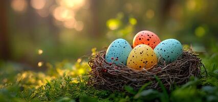 Colorful Easter eggs in a mossy nest. Four vibrant Easter eggs resting in a natural nest on green moss under soft sunlight in a forest setting. photo