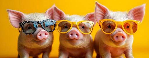 Pigs in stylish sunglasses. Three playful pigs sporting colorful sunglasses pose against a bright yellow background, creating a joyful atmosphere. photo