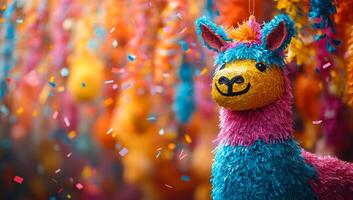 Colorful pinata at a festive celebration. A bright and cheerful pinata hangs amidst vibrant decorations, adding fun to the festive atmosphere of the event. photo