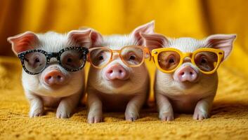 Piglets in glasses pose cutely. Three cute piglets in glasses sit on a yellow background, showing off their charming personalities and playfulness. photo