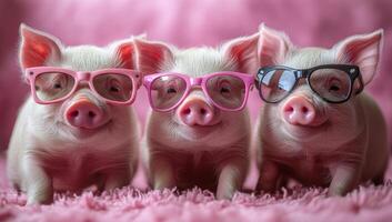 Charming pigs in glasses. Three adorable pigs adorned with colorful glasses sit side by side on a pink fuzzy surface, radiating playful energy. photo