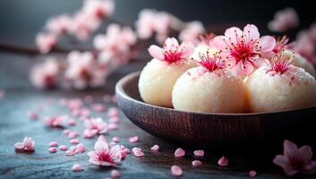 Cherry blossom sweets. White sweets arranged in a bowl, decorated with pink cherry blossoms and petals, creating a serene and elegant setting. photo