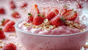 Fresh strawberries splash in yogurt bowl. Strawberries fall into a creamy yogurt bowl, creating a splash and reflecting summer's freshness. photo