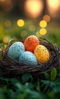 Colorful eggs in nature. Four brightly colored eggs are arranged in a nest among green grass and soft bokeh lights in the background. photo
