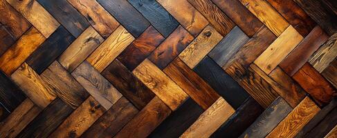 Unique patterned wood floor. A detailed view of a wooden parquet floor showcasing intricate, interlocking patterns made of various shades of wood. photo
