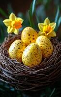 Colorful eggs in a flower nest. Bright yellow speckled eggs sit in a woven nest surrounded by fresh daffodils, creating a springtime atmosphere. photo