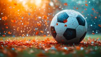 Excitement builds around a soccer ball. A soccer ball rests on a grassy field, surrounded by colorful confetti celebrating a joyful moment in the game. photo