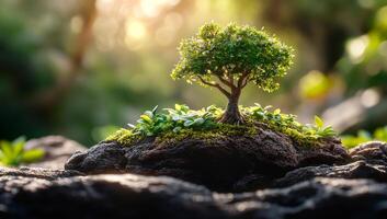 Miniature tree growing on rocky terrain. A vibrant tree thrives on a rocky base, surrounded by lush foliage and soft sunlight. photo