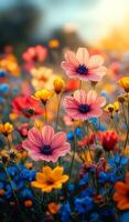 Spring garden blooms with flowers. Vibrant wildflowers in various colors flourish under a bright sun during the spring season, creating a lively garden. photo