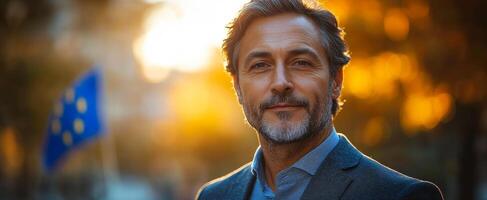 Man posing outdoors during sunset glow. A man stands confidently in an outdoor setting as the sun sets, creating a warm and inviting atmosphere. photo