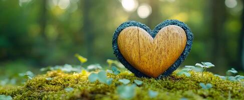 Heart-shaped decor on mossy forest floor. A wooden heart rests on lush green moss, surrounded by small plants and soft sunlight filtering through trees. photo