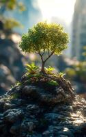 Tree thriving on rocky sunlight. A small tree on rocky ground is bathed in warm sunlight, surrounded by lush greenery in a tranquil setting. photo