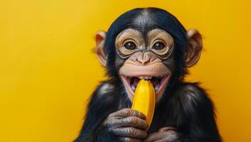 Monkey happily enjoying a banana treat. Young monkey smiles while holding a banana against a bright yellow background, showcasing joy and curiosity. photo